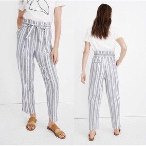 Madewell Size 6 White Baltic Stripe Linen Cotton Blend Paperbag Waist Pants